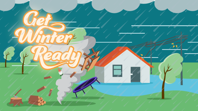 A tornado rushes past a house picking up trees and outdoor objects. It is raining and stormy. To the right of the house the powerlines are broken