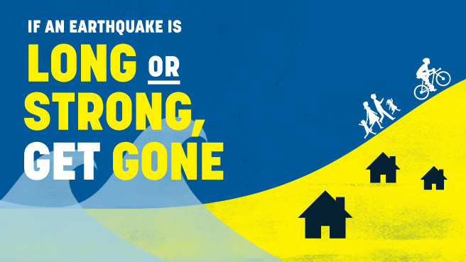 People evacuate up a hill from a tsunami. Text reads if an earthquake is long or strong get gone