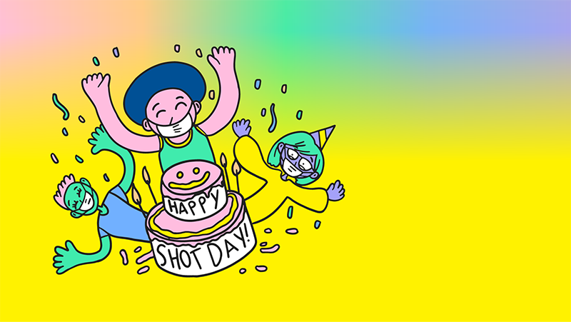 Cartoon characters celebrating around a cake with &#039;Happy Shot Day!&#039; on it