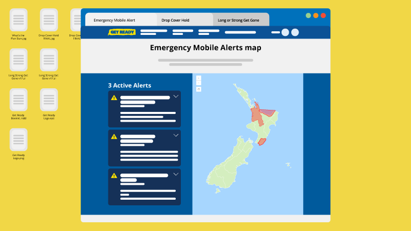 Stylised example of the Emergency Mobile Alerts map page with active alerts