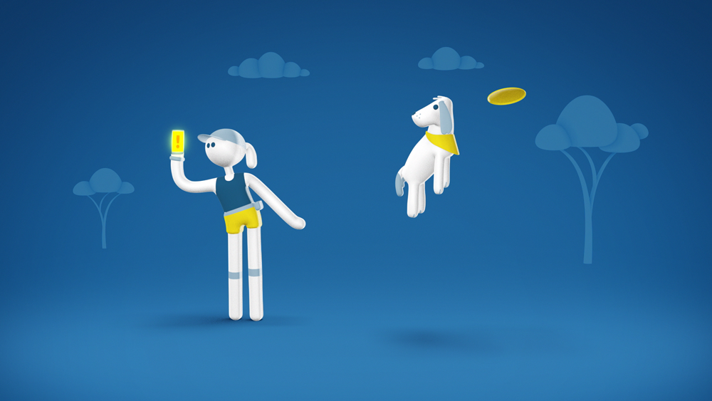 A cartoon woman receiving Emergency Mobile Alert next to a dog floating
