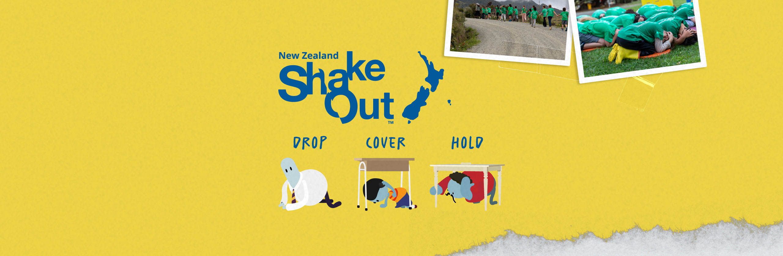 New Zealand ShakeOut logo over three figures doing different stages of Drop Cover and Hold under the words Drop Cover and Hold. In the top right are scrapbooked photos of school kids doing a ShakeOut drill