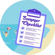 A clipboard that reads &quot;Summer Checklist&quot; with people playing in the ocean in the background