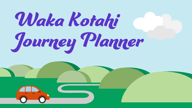 A car driving towards some hills with the words "Waka Kotahi journey planner"