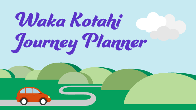 A car driving towards some hills with the words &quot;Waka Kotahi journey planner&quot;