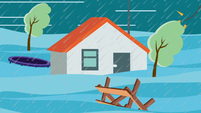 A house in floodwater with a picnic table and a trampoline floating by. A snapped powerline sparks to the side.