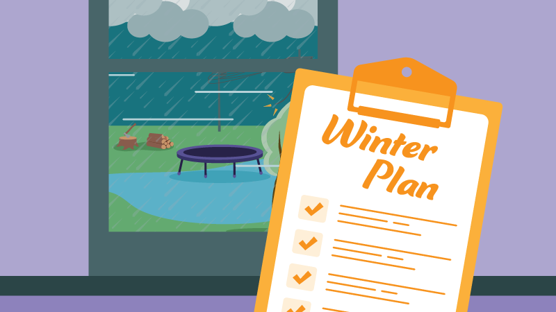 A clipboard checklist with the heading &#039;Winter Plan&#039;. In the background through a window is a trampoline in floodwater and a broken powerline sparking in the rain.