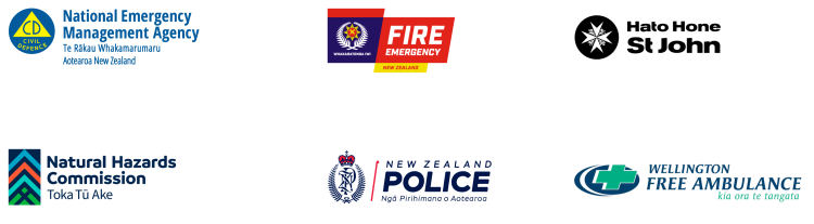 The logos for the National Emergency Management Agency, Fire Emergency New Zealand, Hato Hone St John, Natural Hazards Commission, New Zealand Police and Wellington Free Ambulance