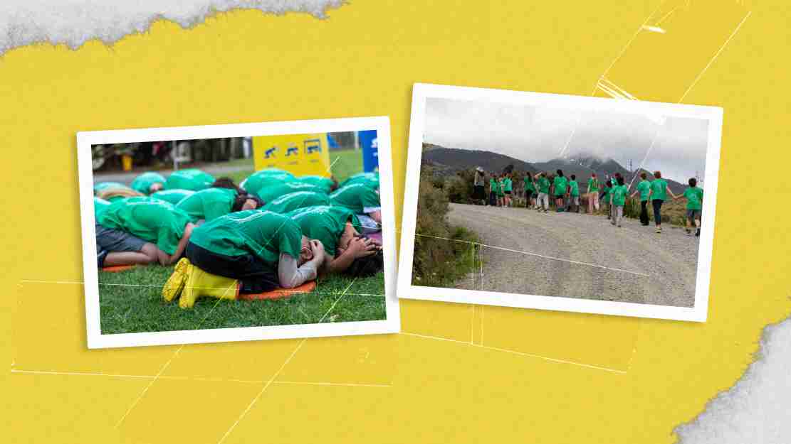 Photos taped onto a yellow background of kids doing Drop Cover Hold and their tsunami hīkoi
