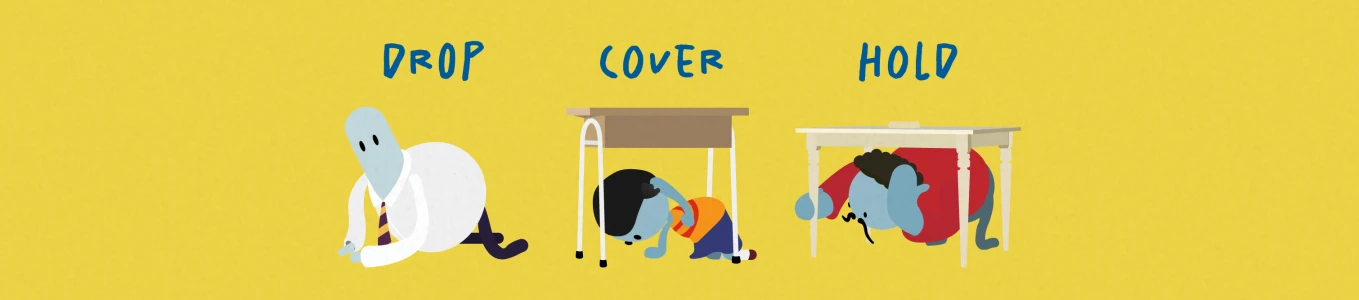 Cartoon characters do each step of Drop Cover and Hold