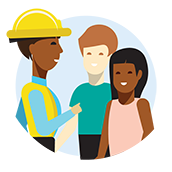 Construction worker talking to two people