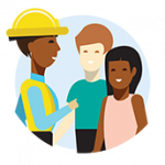 Construction worker talking to two people
